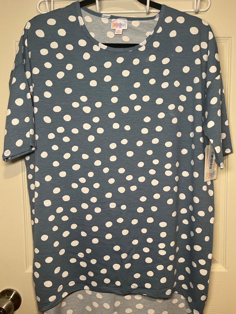 LuLaRoe Slate Blue White Polka Dot Short Sleeve Irma Top